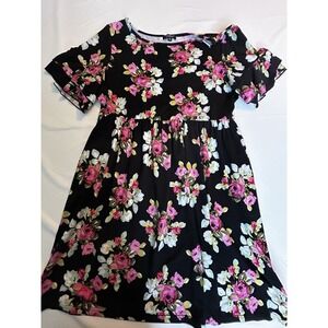 Tralibee Bell Sleeve Knit Dress 1X Blue floral cottage core Babydoll Mini